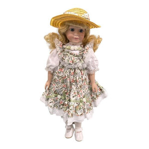 Vintage 1992 JCPenney Porcelain Doll Floral Dress Straw Hat Blonde Girl